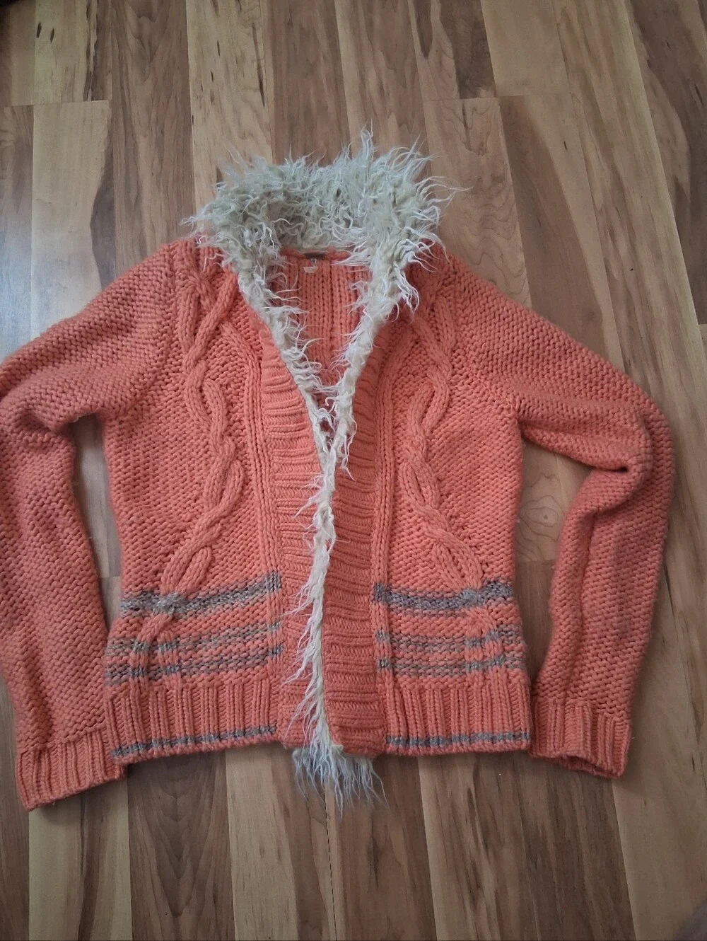 Free People Coral Knit Cardigan with Cream Faux-Fur Trim